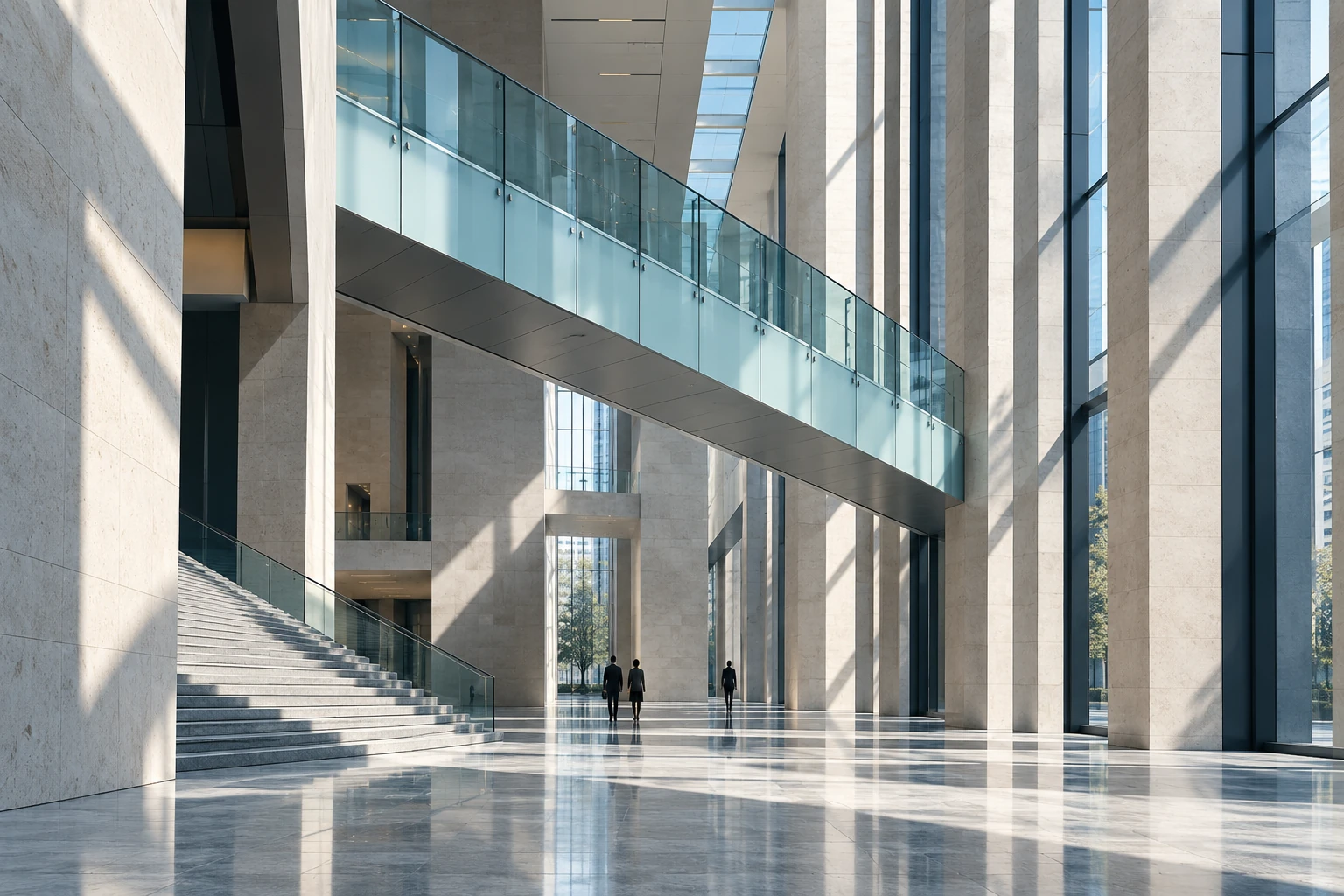 Conceptual civic atrium with people moving through a light-filled space